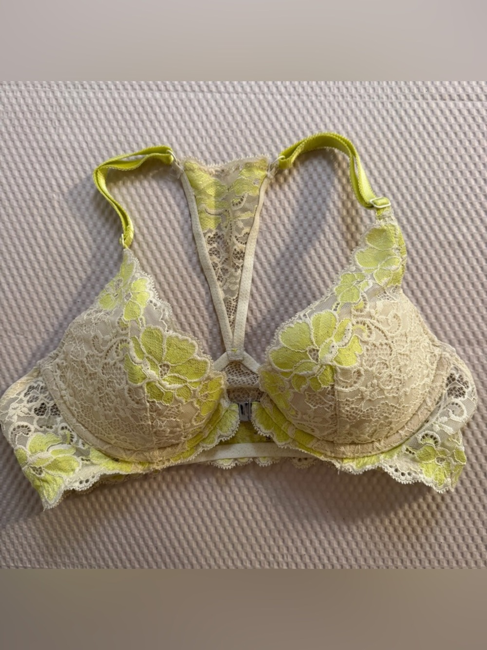 Adore Me Lace Racerback Bra Yellow Cream Floral Front Closure Underwire 36B